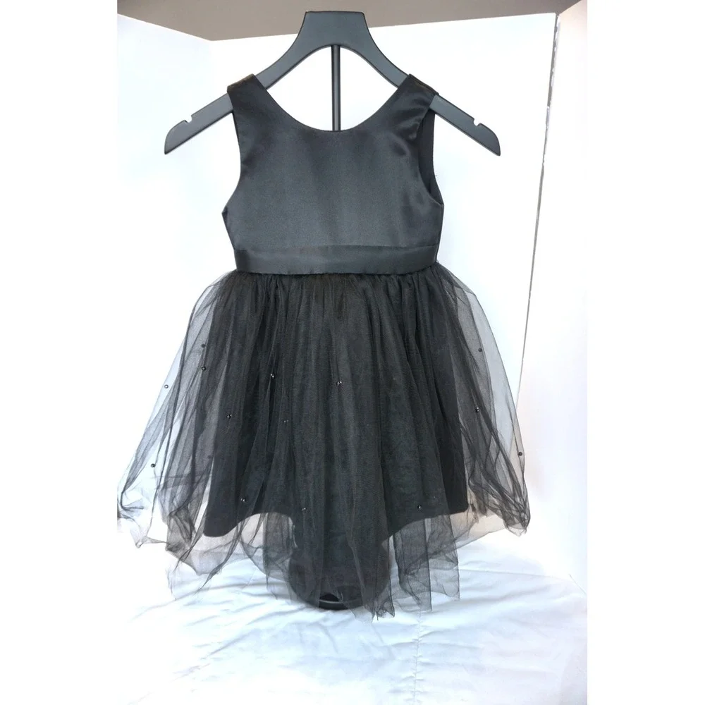 Black Tulle Pearl Beaded V-Back Bow Party Dress Kids Size 6 Formal Wedding
